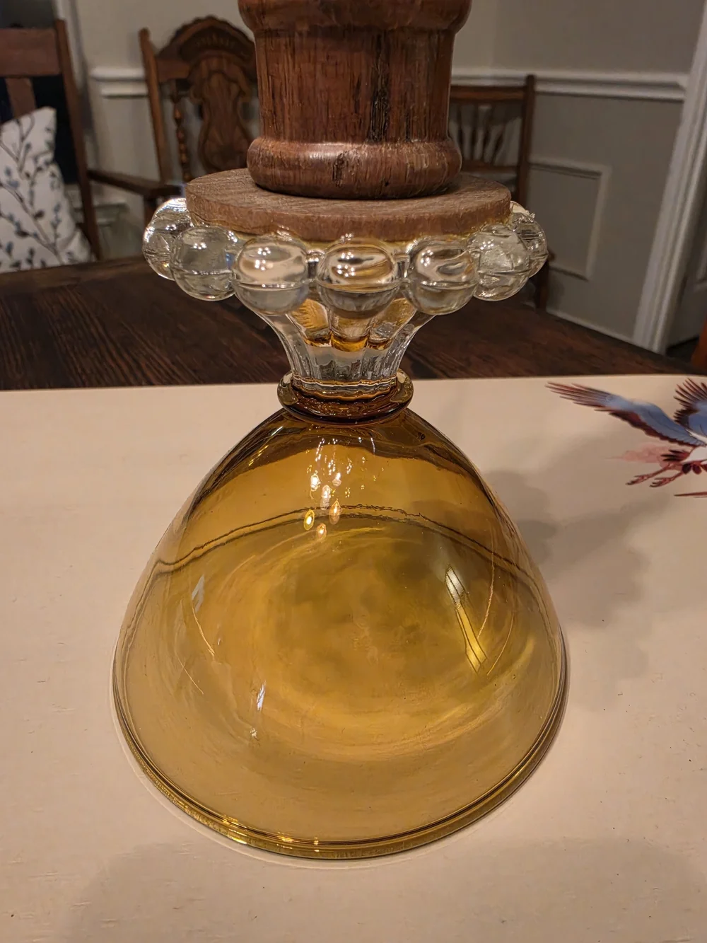 Vintage turned wood taper candlestick holder Colorful amber glass base